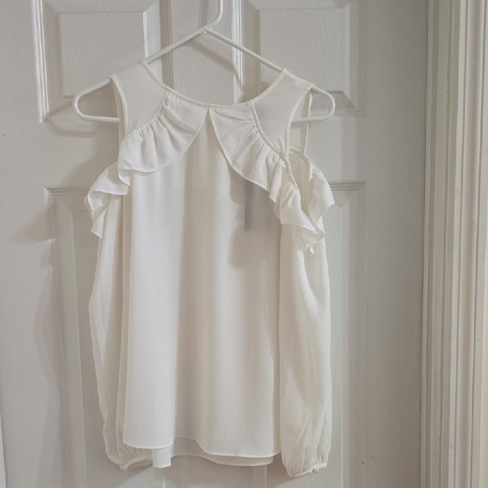 Worthington White Cold-Shoulder Ruffle Blouse